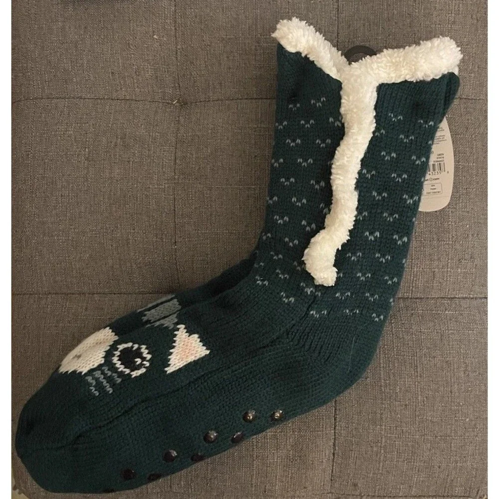 SECRET TREASURES Colossal Cozy Cat Print Faux Fur Slipper Socks Women's Sz 4-10